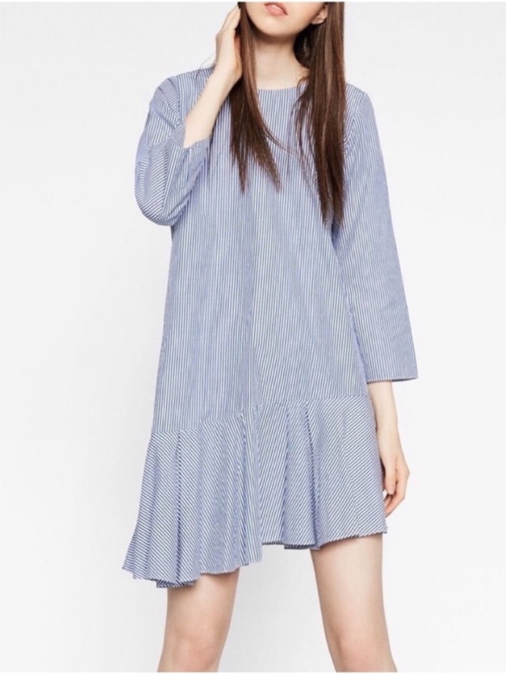 Zara Trafaluc Blue White Asymmetrical Midi Dress Size L